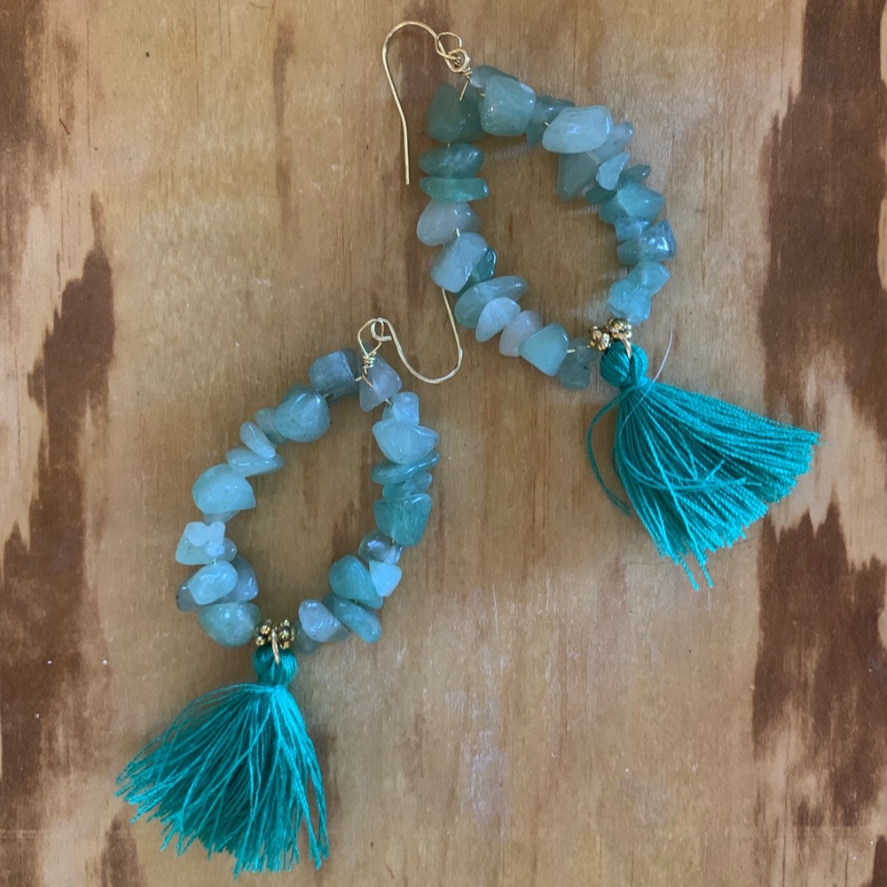 Hand made green stone and teal fringe